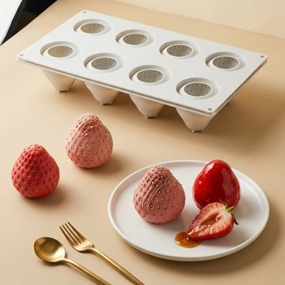 8 Cavity Strawberry Mousse Cake Mold Food-Grade Silicone Heat-Resistant Chocolate Dessert Mold Fruit Shaped Reusable