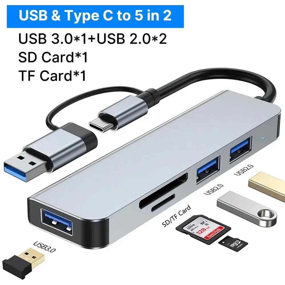 TYPE-C Hub USB3.0 Hub 8 in 2 USB Extender with SD/TF Card Reader& 3.5mm Audio Jack for MacBook/PC/Laptop/Tablet Devices Splitter