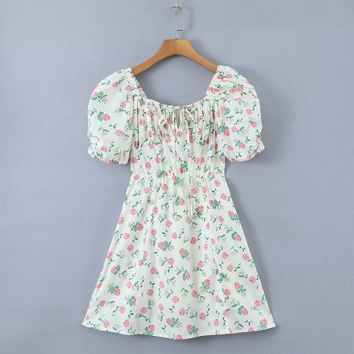 Women Clothing Square Collar Short Sleeve Printed High Waist Slimming Dress