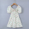 Women Clothing Square Collar Short Sleeve Printed High Waist Slimming Dress