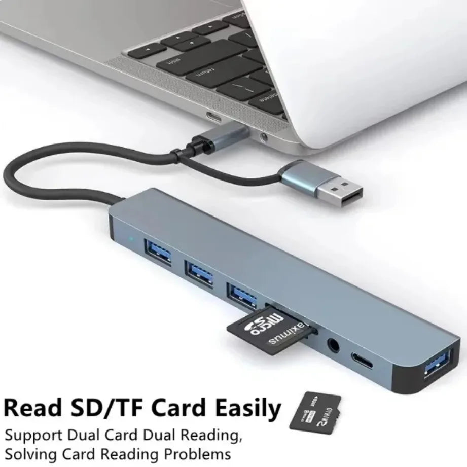 TYPE-C Hub USB3.0 Hub 8 in 2 USB Extender with SD/TF Card Reader& 3.5mm Audio Jack for MacBook/PC/Laptop/Tablet Devices Splitter