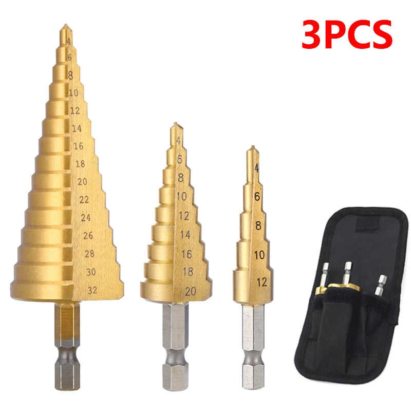 Step Drill Titanium Plated Hexagonal Shank Straight Groove 3-12/4-12/4-20/4-32mm Pagoda Drill Drilling Tool Accessory Set