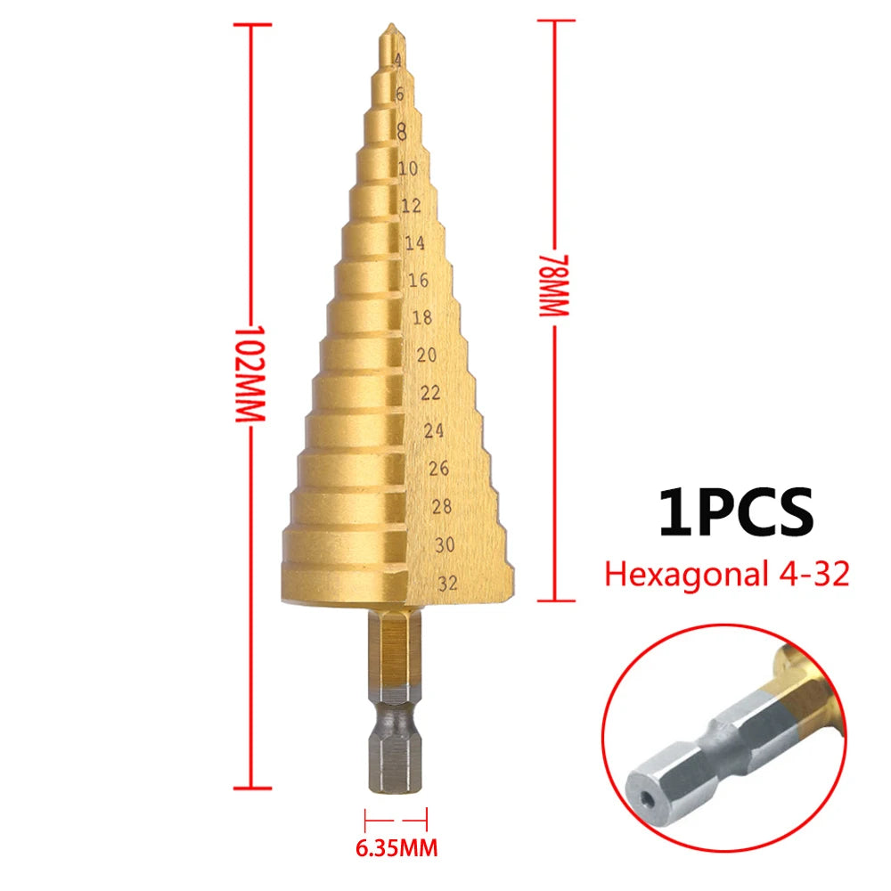 Step Drill Titanium Plated Hexagonal Shank Straight Groove 3-12/4-12/4-20/4-32mm Pagoda Drill Drilling Tool Accessory Set