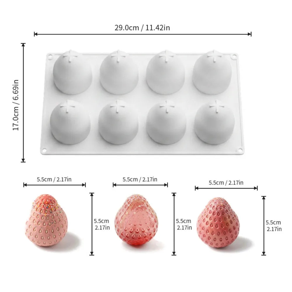 8 Cavity Strawberry Mousse Cake Mold Food-Grade Silicone Heat-Resistant Chocolate Dessert Mold Fruit Shaped Reusable