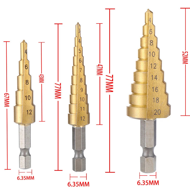 Step Drill Titanium Plated Hexagonal Shank Straight Groove 3-12/4-12/4-20/4-32mm Pagoda Drill Drilling Tool Accessory Set