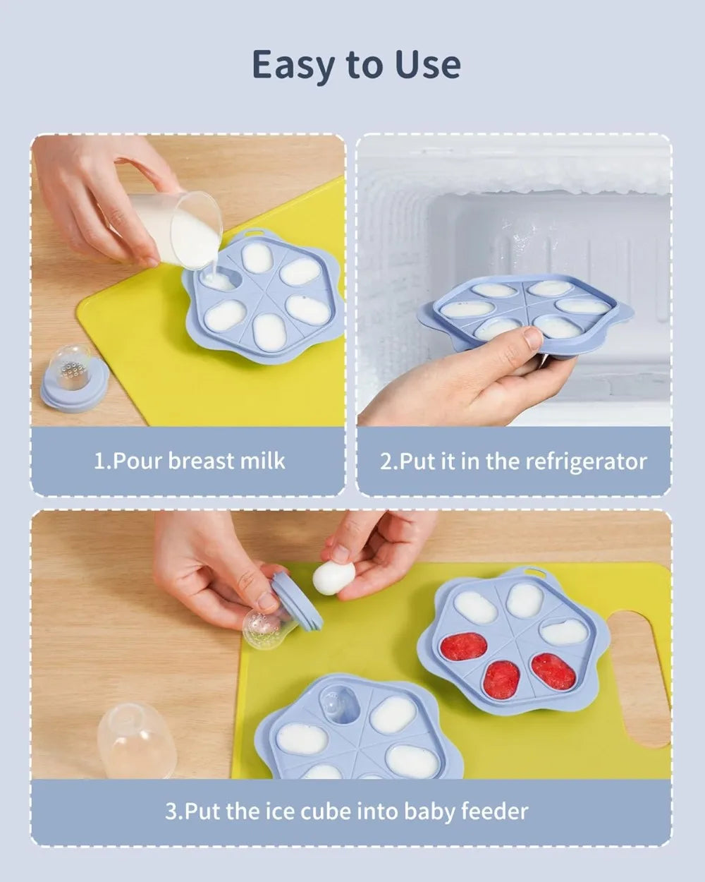 Silicone Baby Fruit Food Feeder (2 Pack) with Freezer Tray, Breastmilk Popsicle Molds for Teething Relief, Safe Self Feeding, BPA Free, Dishwasher Safe, 3M+