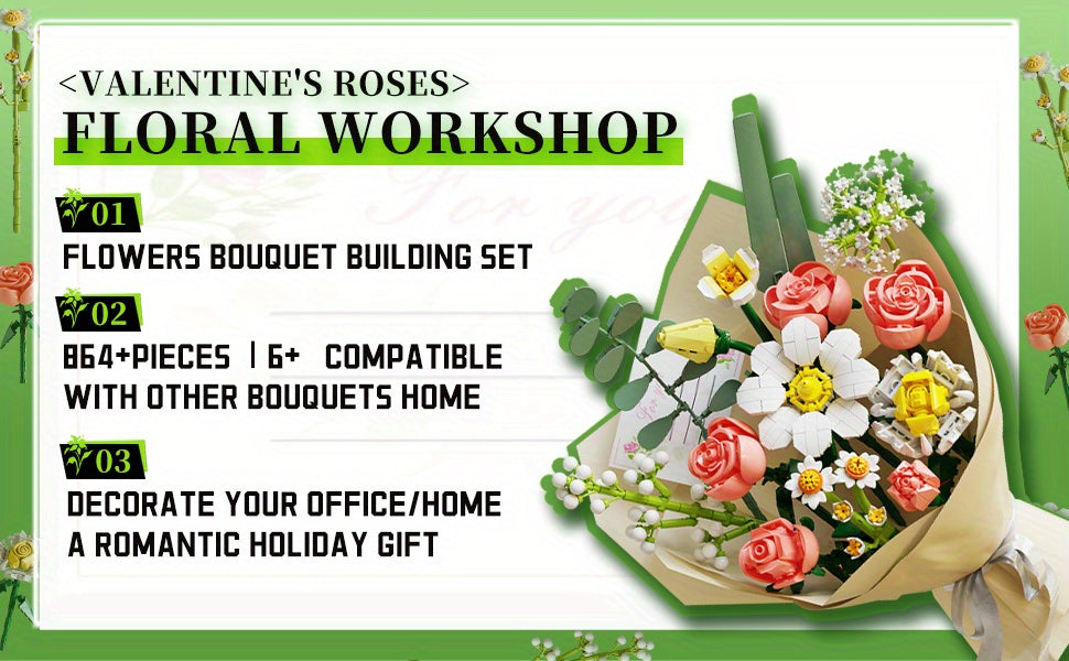 Big Flowers Bouquet Building Blocks Set Flowers Models Home Decor Botanical Collection Bricks Toys for Adults Mother's Day