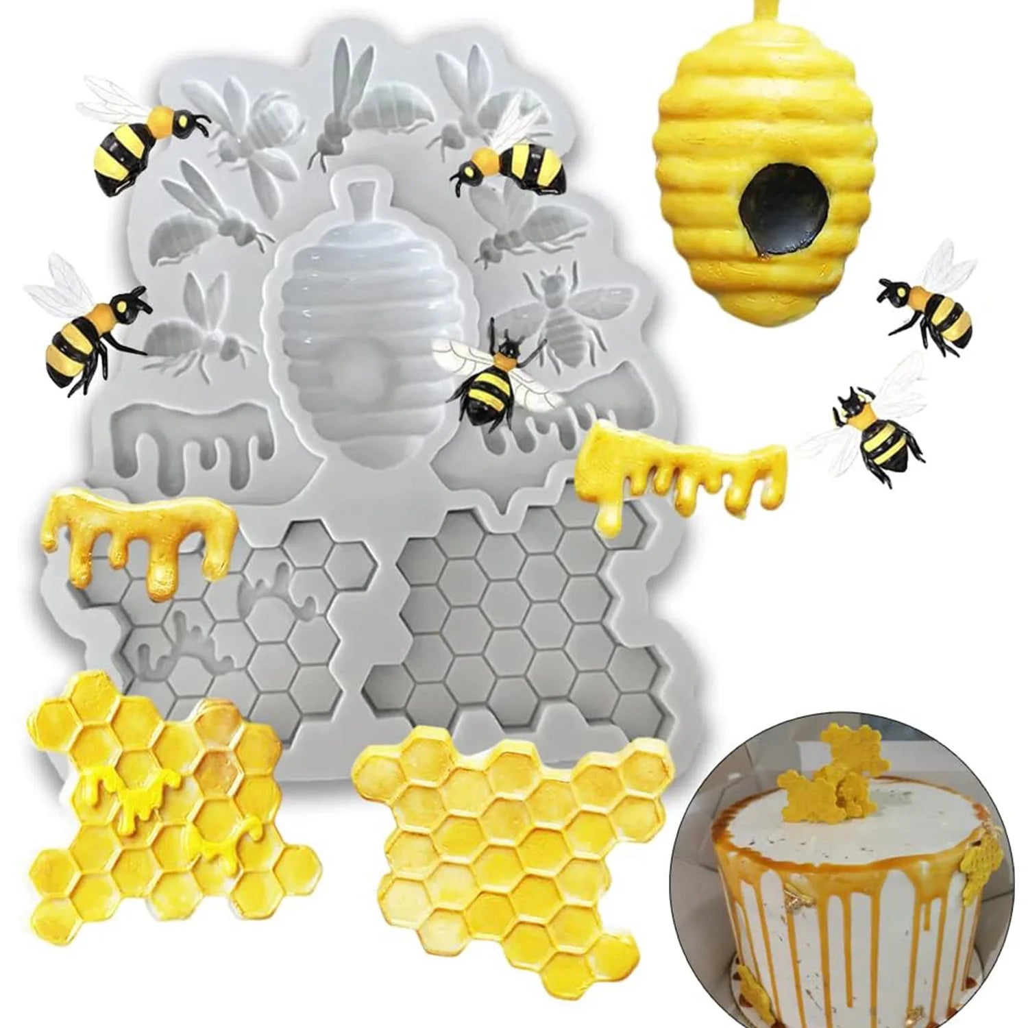3Pcs Bumble Bee Honeycomb Silicone Molds for DIY Cake Fondant Biscuit Cookies Sugar Pudding Chocolate Hard Candies Dessert Decor