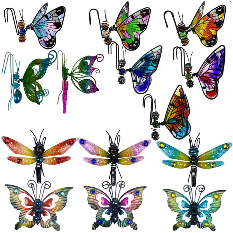 1pcs Hanging Butterfly Dragonfly Flower Pot Decor Metal Glass Painted Ornament Potted Plant Garden Art
