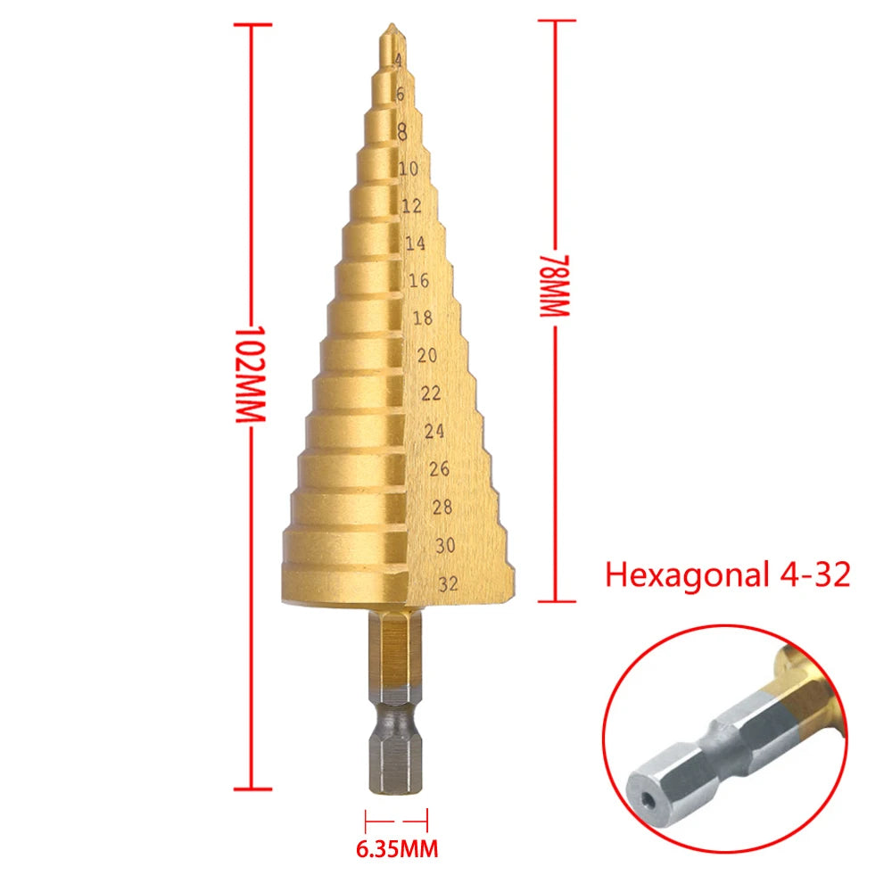 Step Drill Titanium Plated Hexagonal Shank Straight Groove 3-12/4-12/4-20/4-32mm Pagoda Drill Drilling Tool Accessory Set