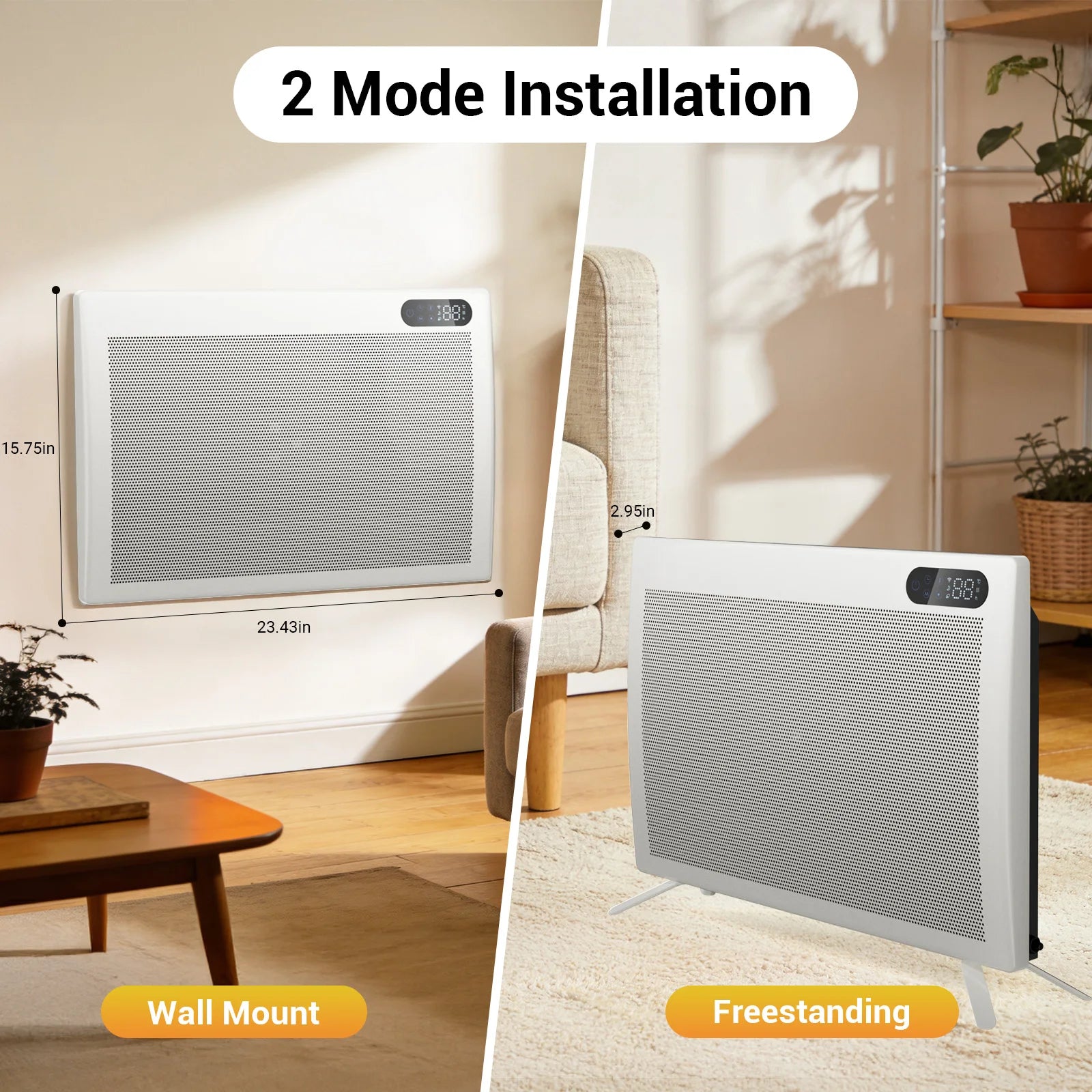 1500W Convection Panel Heater Under Desk Freestanding Wall Mountable Quiet Infrared Space Heater Energy Efficient Smart WiFi App