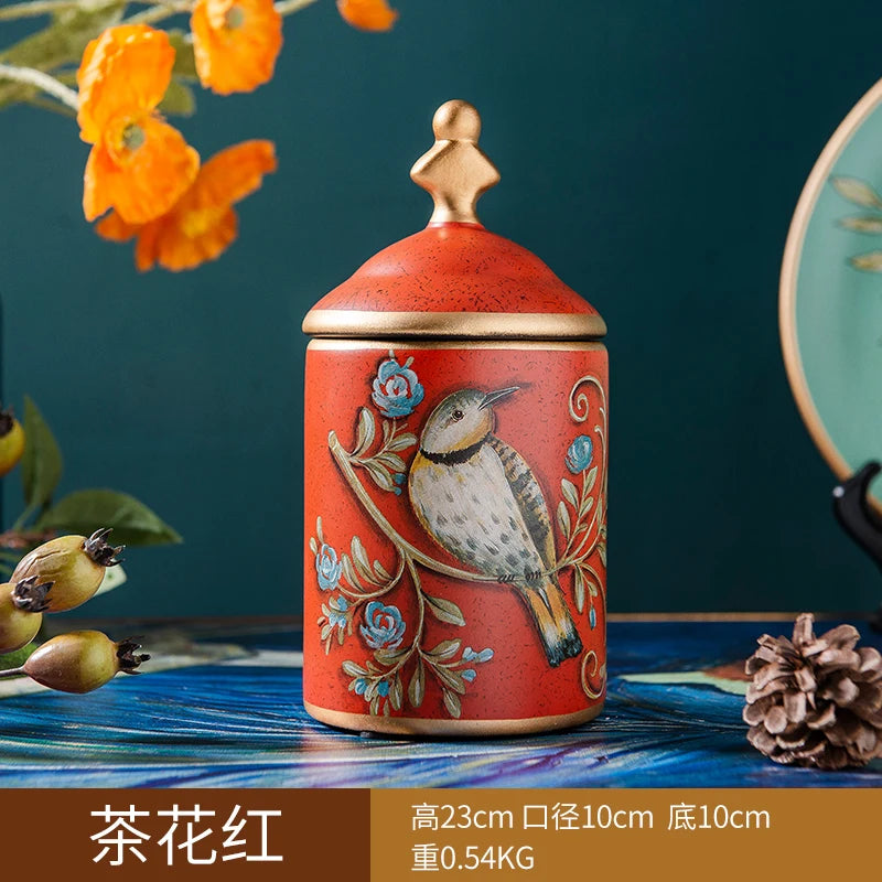 Retro Ceramic Kitchen Canister Vintage Storage Bottles Tea Candy Tin Sugar Pot Pastoral Bird Printing Painted Storage Jar Cans