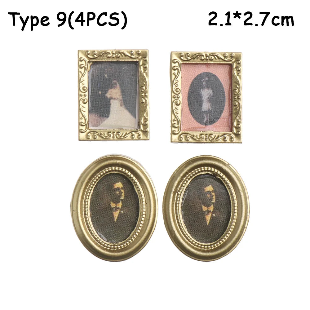 Vintage 1:12 Miniature Framed Photos Oil Painting Toys Doll Accessories Dollhouse Ornament Mural Wall Picture Miniaturas Casa