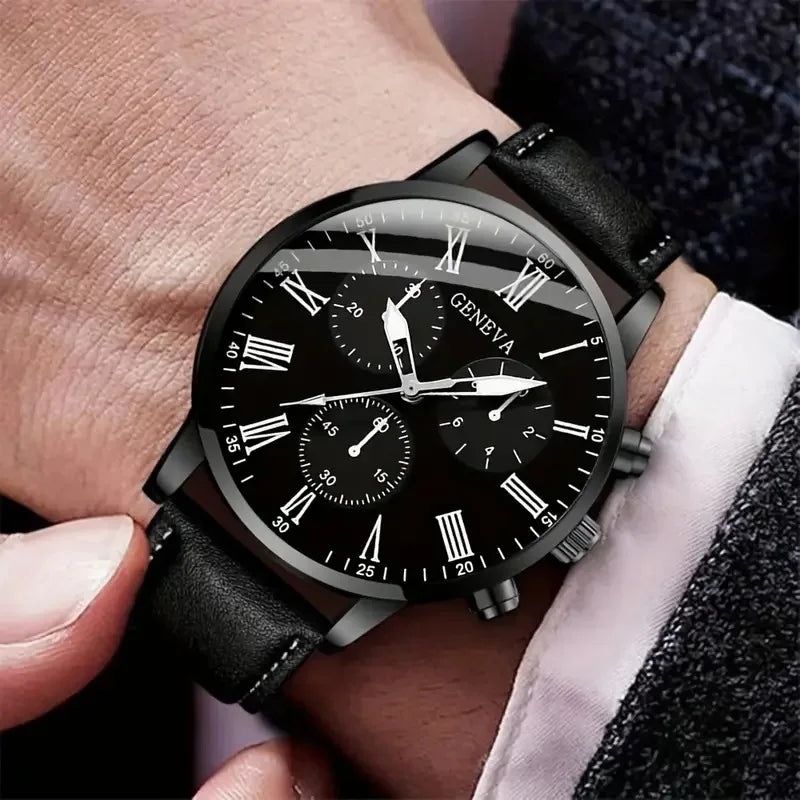 LP22 Fashion Black Men Watch Set Casual Men Quartz Watch with Bracelet Chain Montres Homme Leather Band Wristwatch