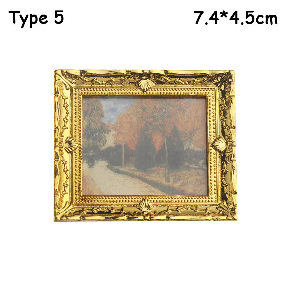 Vintage 1:12 Miniature Framed Photos Oil Painting Toys Doll Accessories Dollhouse Ornament Mural Wall Picture Miniaturas Casa