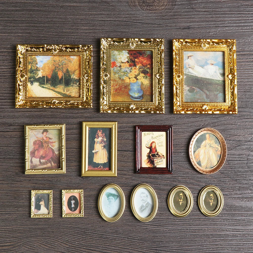 Vintage 1:12 Miniature Framed Photos Oil Painting Toys Doll Accessories Dollhouse Ornament Mural Wall Picture Miniaturas Casa
