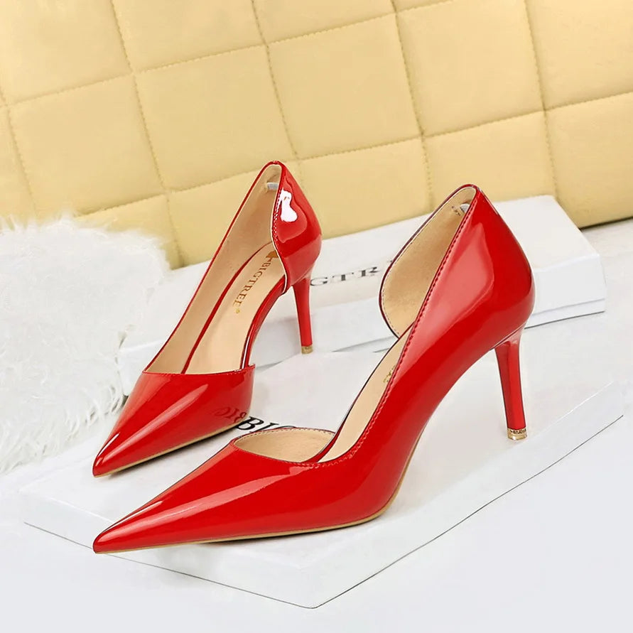 High Heels Shallow Mouth PU Leather Women's Shoes Pointed Toe Nude Single Shoes Women Stiletto Professional Work Dress Shoes