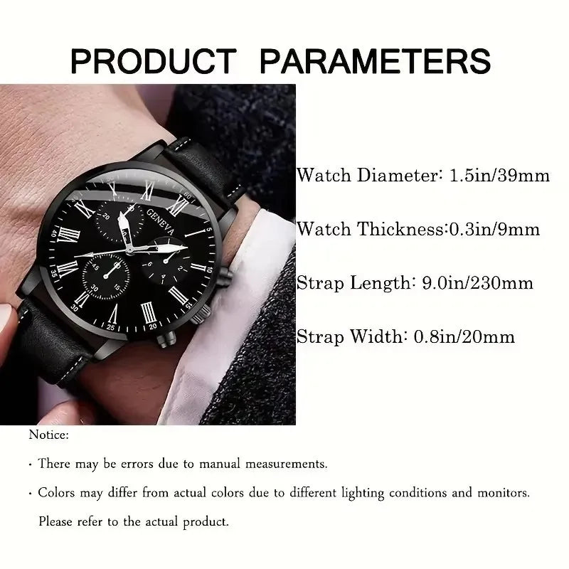 LP22 Fashion Black Men Watch Set Casual Men Quartz Watch with Bracelet Chain Montres Homme Leather Band Wristwatch
