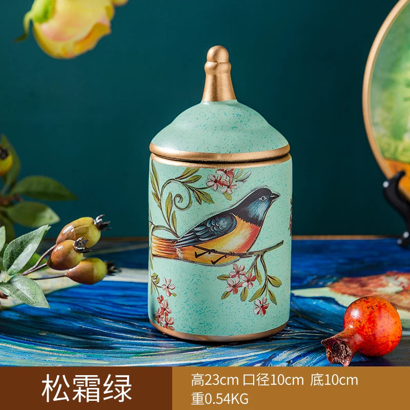 Retro Ceramic Kitchen Canister Vintage Storage Bottles Tea Candy Tin Sugar Pot Pastoral Bird Printing Painted Storage Jar Cans