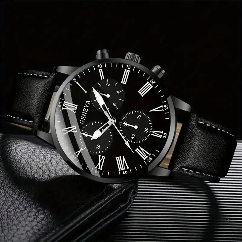 LP22 Fashion Black Men Watch Set Casual Men Quartz Watch with Bracelet Chain Montres Homme Leather Band Wristwatch