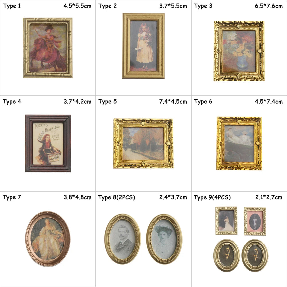 Vintage 1:12 Miniature Framed Photos Oil Painting Toys Doll Accessories Dollhouse Ornament Mural Wall Picture Miniaturas Casa