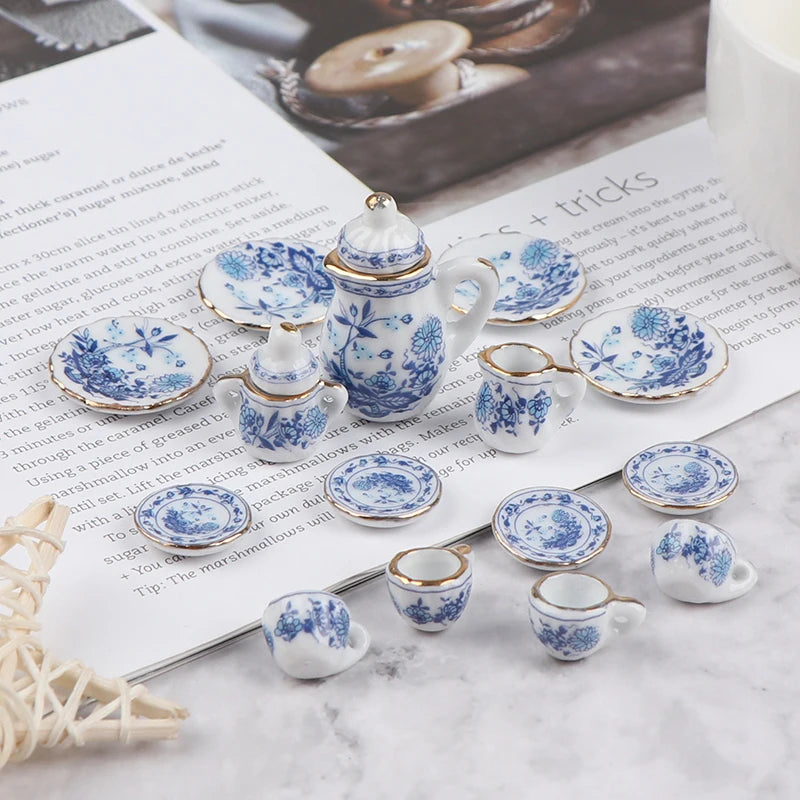 15Pcs/Set Vintage Miniature White Porcelain Tea Set Pot Cup Plate Tableware Dollhouse House Model Room Items Furniture Decor