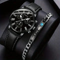 LP22 Men's Quartz Fake Three-Eye Watches with Bracelet Business Fashion Trendy Belt Design 2pcs/set Leather Band Wristwatch