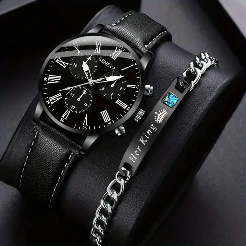 LP22 Men's Quartz Fake Three-Eye Watches with Bracelet Business Fashion Trendy Belt Design 2pcs/set Leather Band Wristwatch