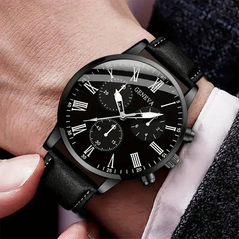 6258  2 Pcs / Set Black Mens Quartz Watch With Bracelet Fashion Men Watch Set Gift