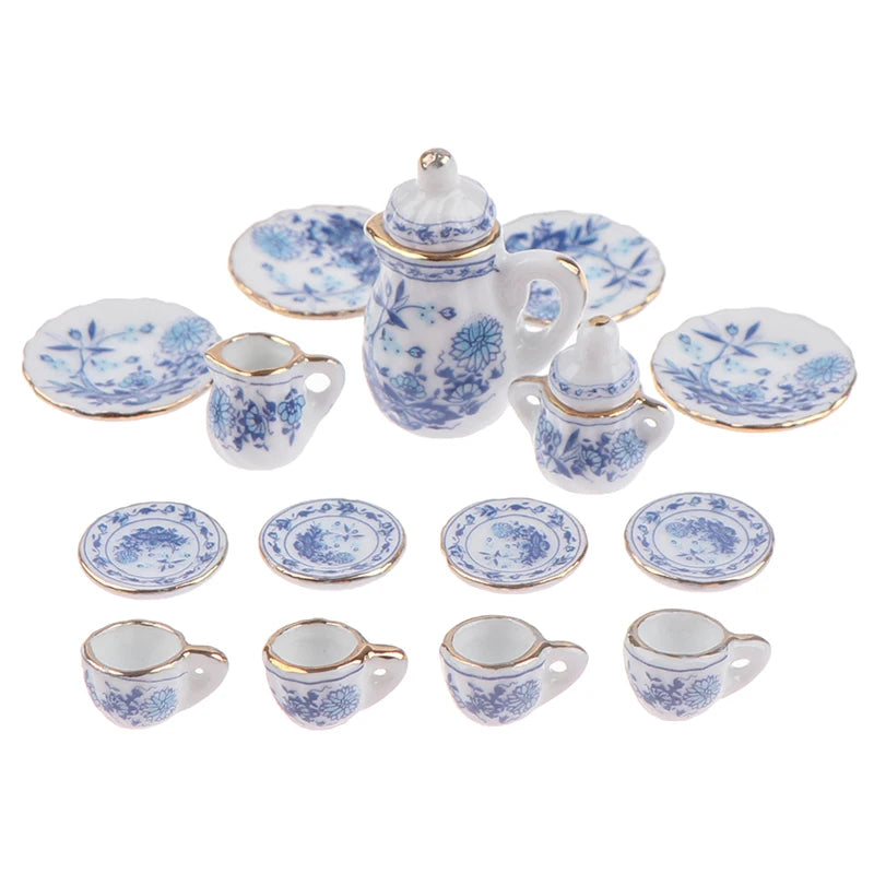 15Pcs/Set Vintage Miniature White Porcelain Tea Set Pot Cup Plate Tableware Dollhouse House Model Room Items Furniture Decor