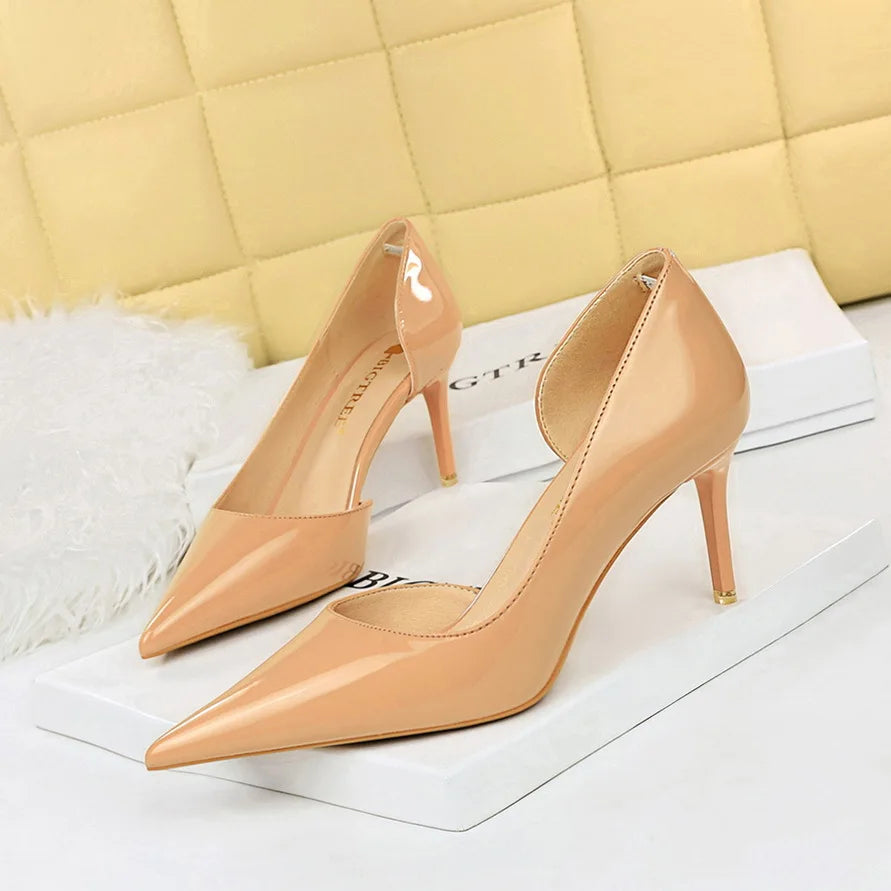 High Heels Shallow Mouth PU Leather Women's Shoes Pointed Toe Nude Single Shoes Women Stiletto Professional Work Dress Shoes