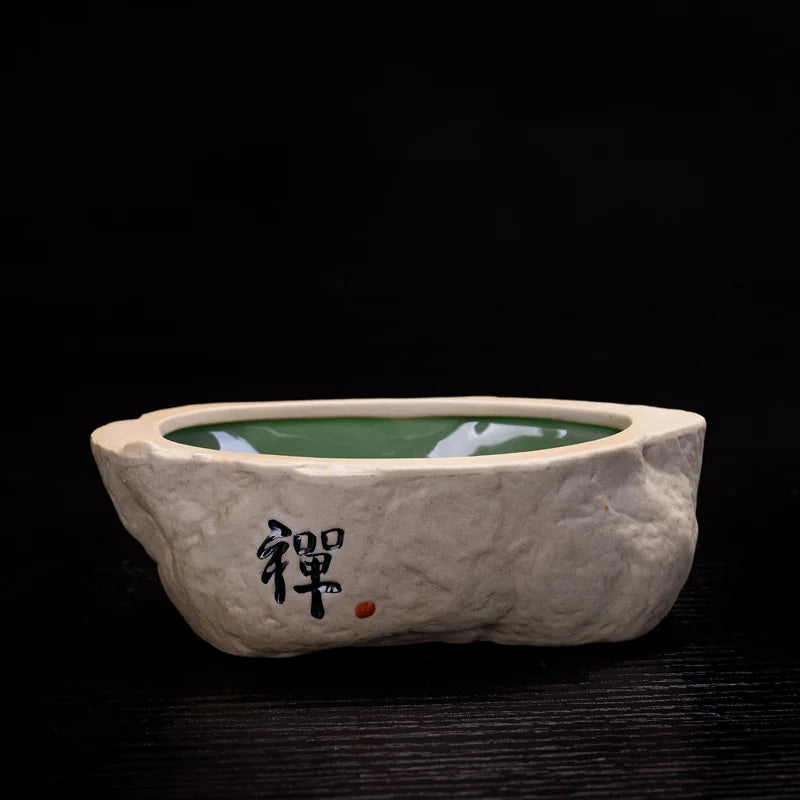 Non-porous Hydroponic Plant Flowerpot Creative Retro Stoneware Copper Money Grass Green Flower Handwritten Ceramic Flower Pot