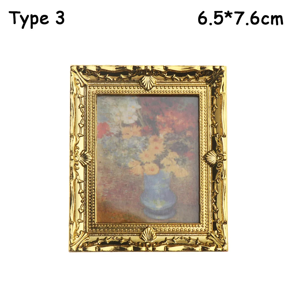 Vintage 1:12 Miniature Framed Photos Oil Painting Toys Doll Accessories Dollhouse Ornament Mural Wall Picture Miniaturas Casa