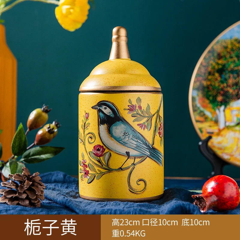Retro Ceramic Kitchen Canister Vintage Storage Bottles Tea Candy Tin Sugar Pot Pastoral Bird Printing Painted Storage Jar Cans