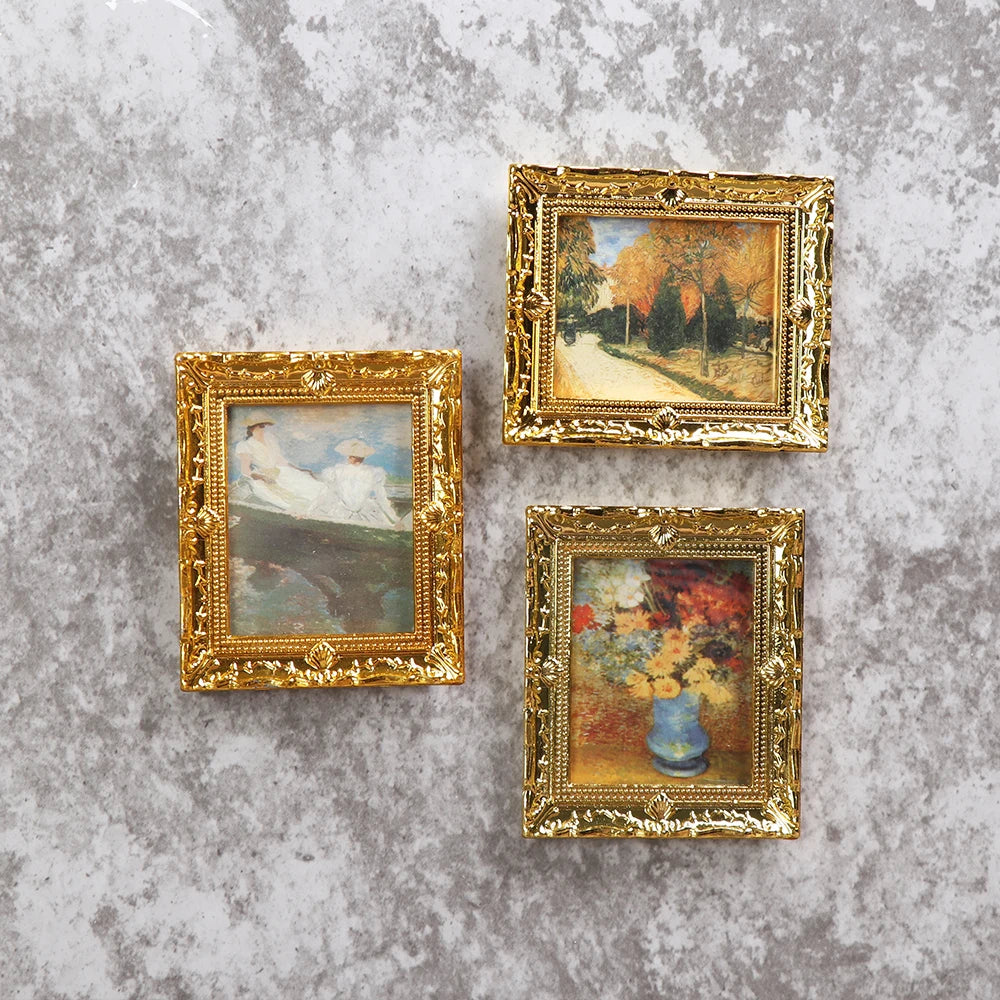 Vintage 1:12 Miniature Framed Photos Oil Painting Toys Doll Accessories Dollhouse Ornament Mural Wall Picture Miniaturas Casa