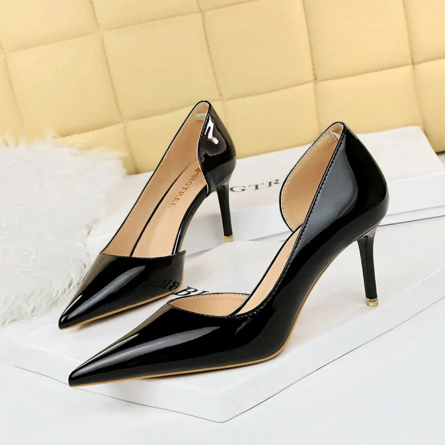 High Heels Shallow Mouth PU Leather Women's Shoes Pointed Toe Nude Single Shoes Women Stiletto Professional Work Dress Shoes