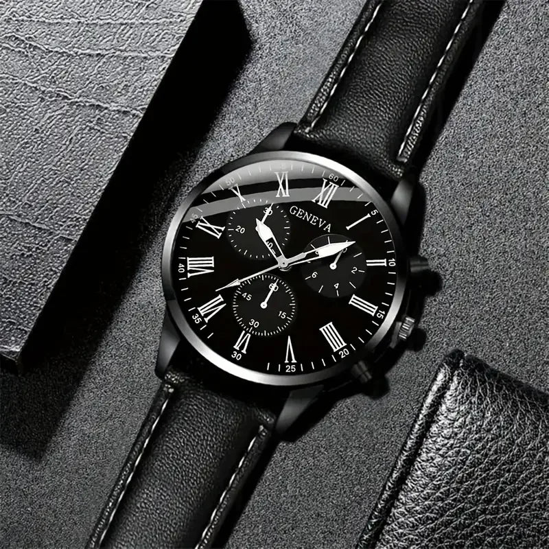 6258  2 Pcs / Set Black Mens Quartz Watch With Bracelet Fashion Men Watch Set Gift