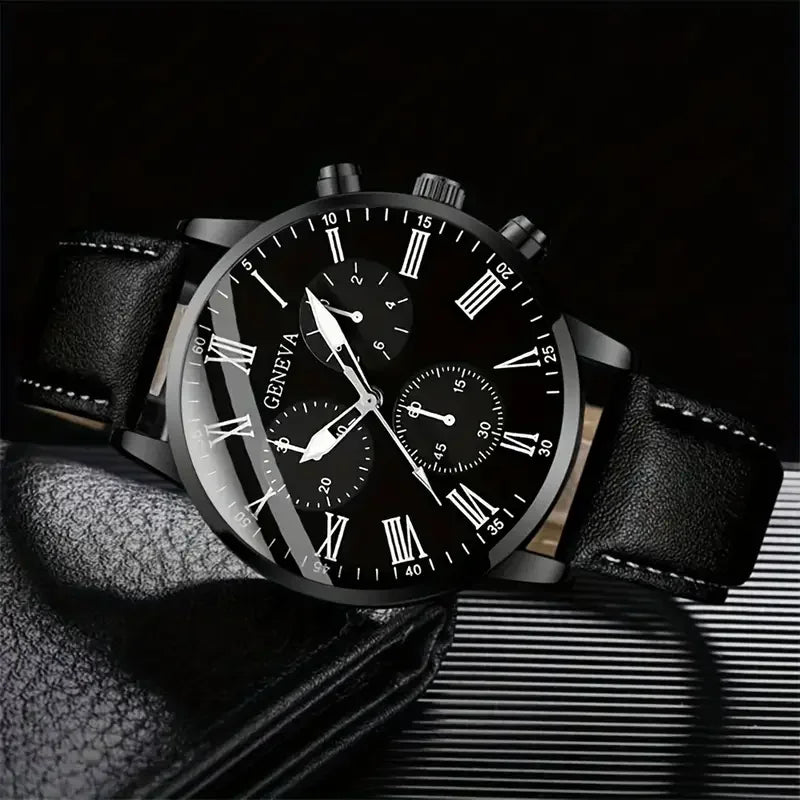 6258  2 Pcs / Set Black Mens Quartz Watch With Bracelet Fashion Men Watch Set Gift
