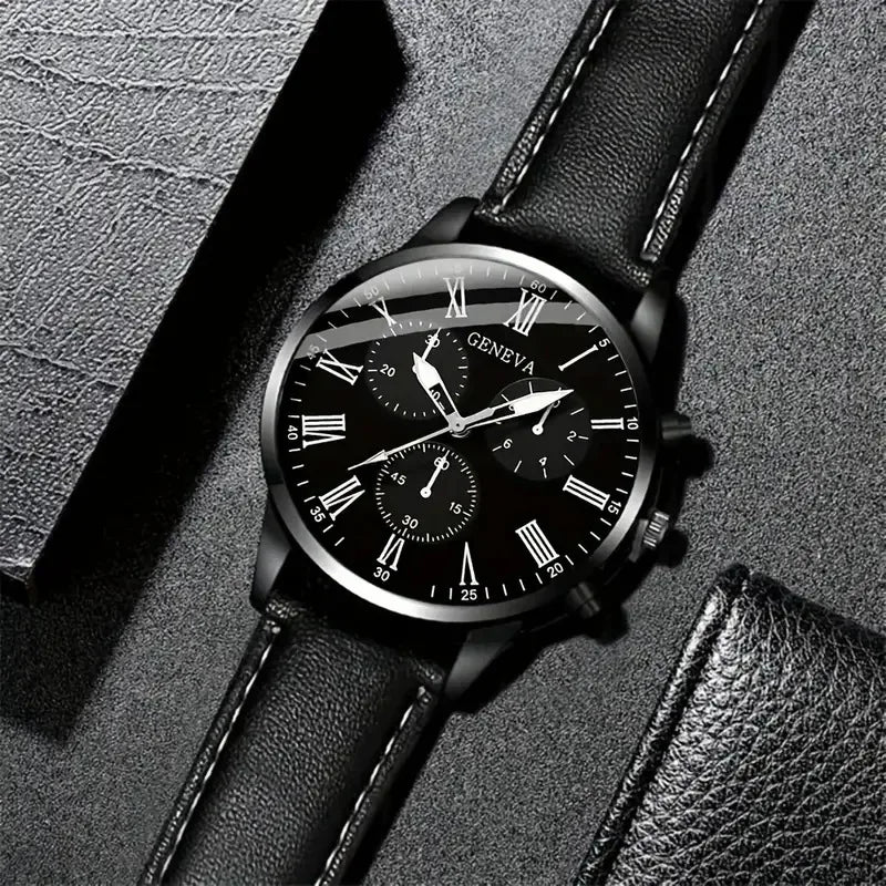 LP22 Fashion Black Men Set Casual Quartz Wrist Watches with Bracelet Chain Montres Homme Leather Band Wristwatch for Man Relojes