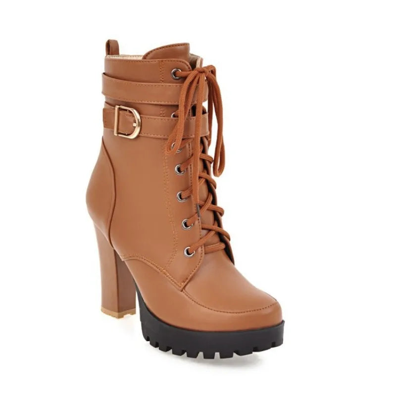 High Heels Women Ankle Boots Lace Up Fall Winter Platform Ladies Boots Large Size Fashion Shoes White Black Brown