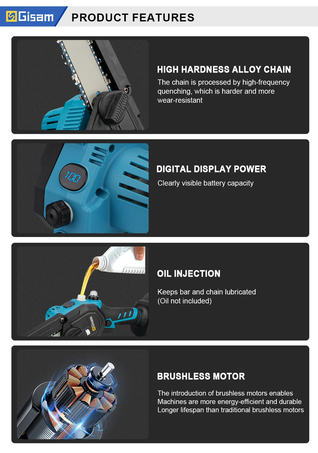 Gisam 8 Inch Brushless Chain Saw Cordless Electric Saw Woodworking Garden Pruning Chainsaw Power Tool For Makita 18V Battery Pin