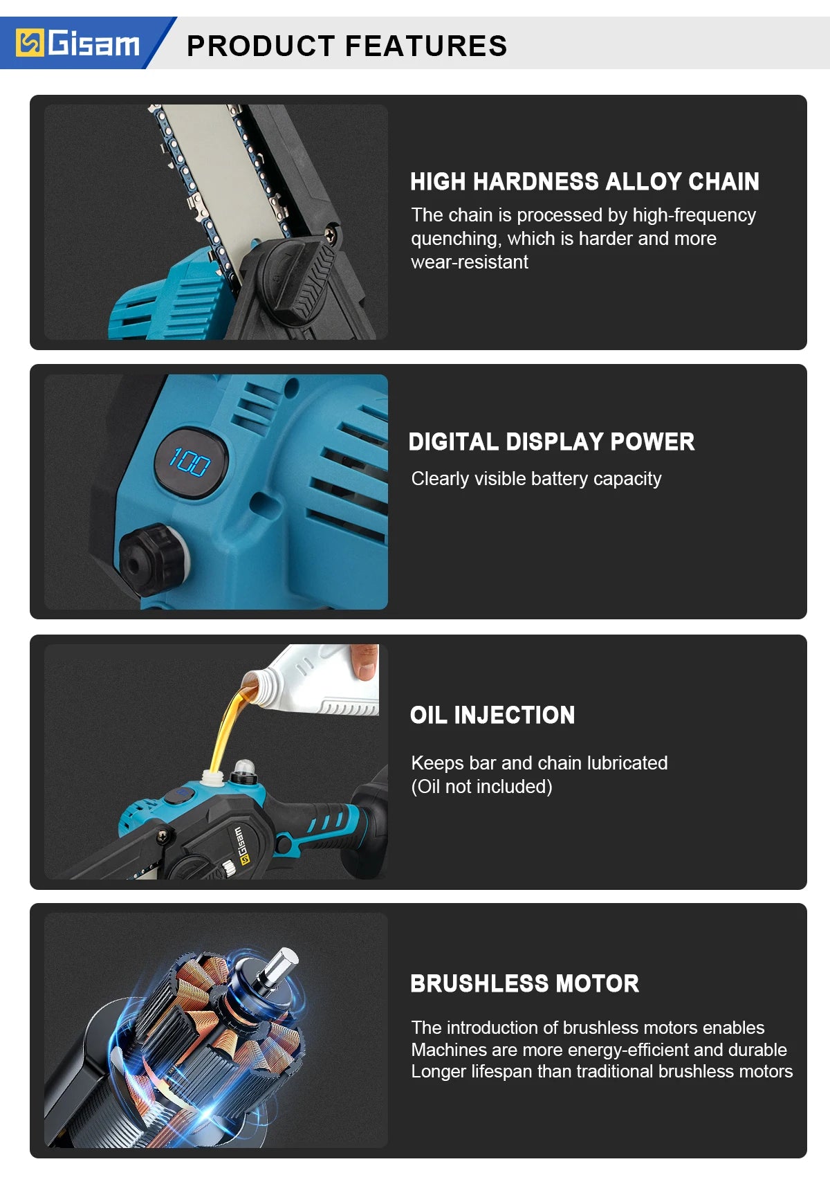 Gisam 8 Inch Brushless Chain Saw Cordless Electric Saw Woodworking Garden Pruning Chainsaw Power Tool For Makita 18V Battery Pin