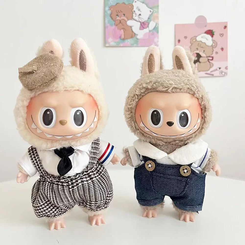 For 17cm Labubu Doll Little Bailey Hat Checkered Overalls Set Labubu Outfit Accessories Labubu Ropa