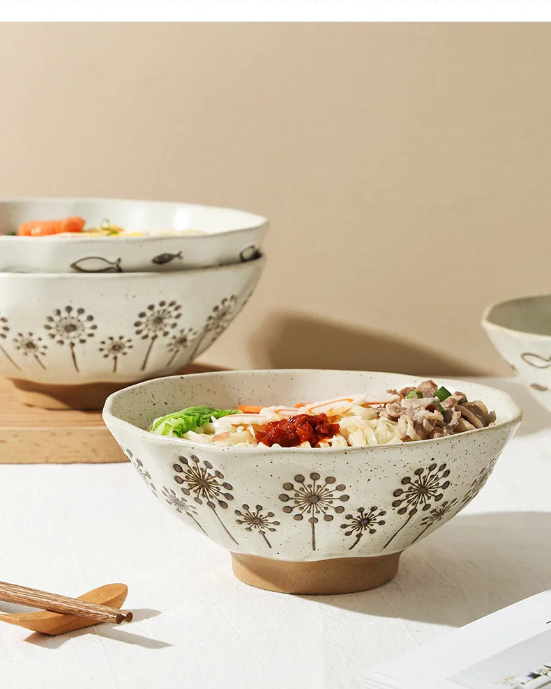 coarse pottery bowl, retro ceramic tableware, underglaze colored noodle bowl, lace soup bowl, household hat  commercial ramen