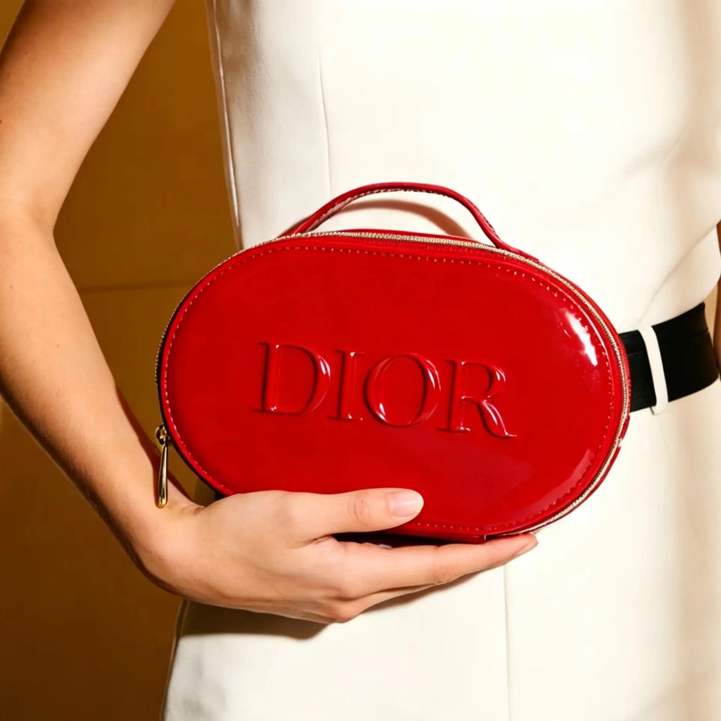 Dior Dior’s Bag Luxury Glossy Bright Red Oval Handheld Makeup Organizer Pouch Patent Leather Embossed Logo Waterproof Travel Cos