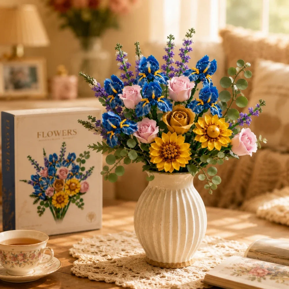 866pcs Botanical Flower Bouquet Set, Blue Iris Rose Plant Building Blocks, 3D Creative Desktop Decoration, Valentine Gift