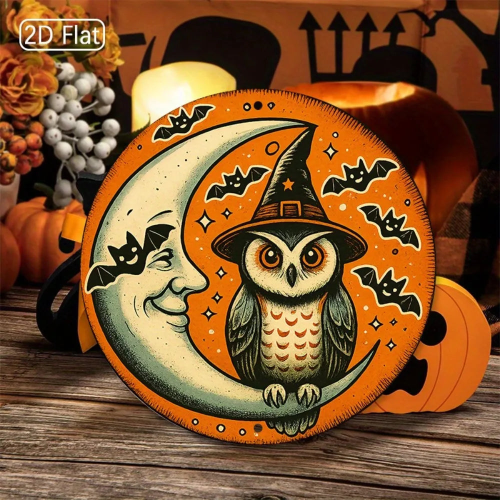 1pc Halloween Owl & Moon Metal Wall Art - 2D Round Aluminum Sign, Spooky Decor for Living Room Halloween Corners