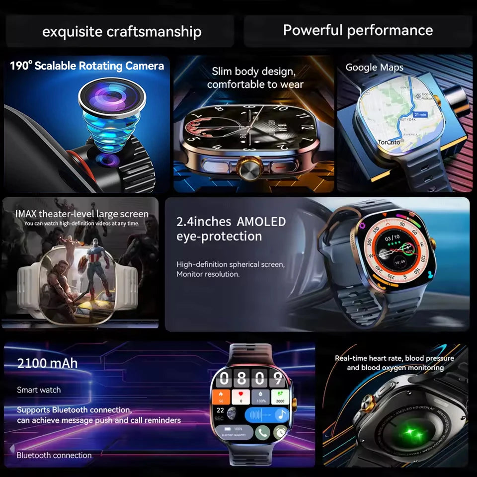 5G/4G Globally Universal SIM Smart Watch AMOLED Screen 190 ° Rotating Camera Video Call GPS 8+128GB Memory Smart Watch