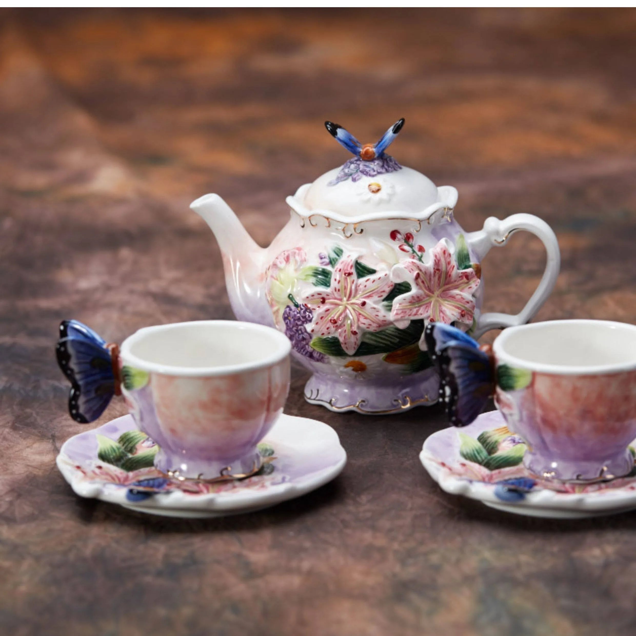 European Style Ceramic Coffee Pot, Hand-painted Butterfly Orchid Teapot, Tea Cup Set, Exquisite Creative Gift, Cafe Accessories