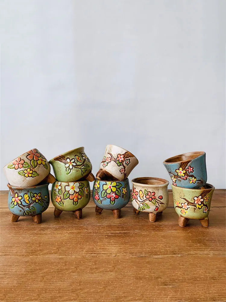 Retro Simple Fleshy Flower Pot Ceramic Hand-painted Fresh Thumb Pot Coarse Pottery Permeable Pot Living Desk Home Decoration
